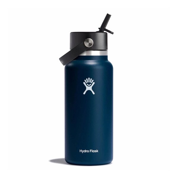 An indigo blue 32 ounce stainless steel Hydroflask water bottle with straw lid and handle strap.